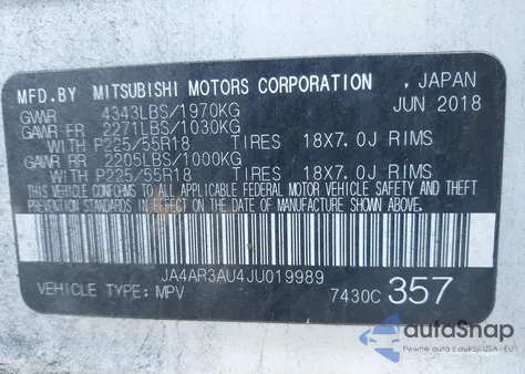 2018 Mitsubishi Outlander Sport Es/Se from USA, damaged, VIN JA4AR3AU4JU019989